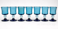 Mexican Hand Blown Aqua Blue Goblets Bubble Stem Glasses – Set of 8