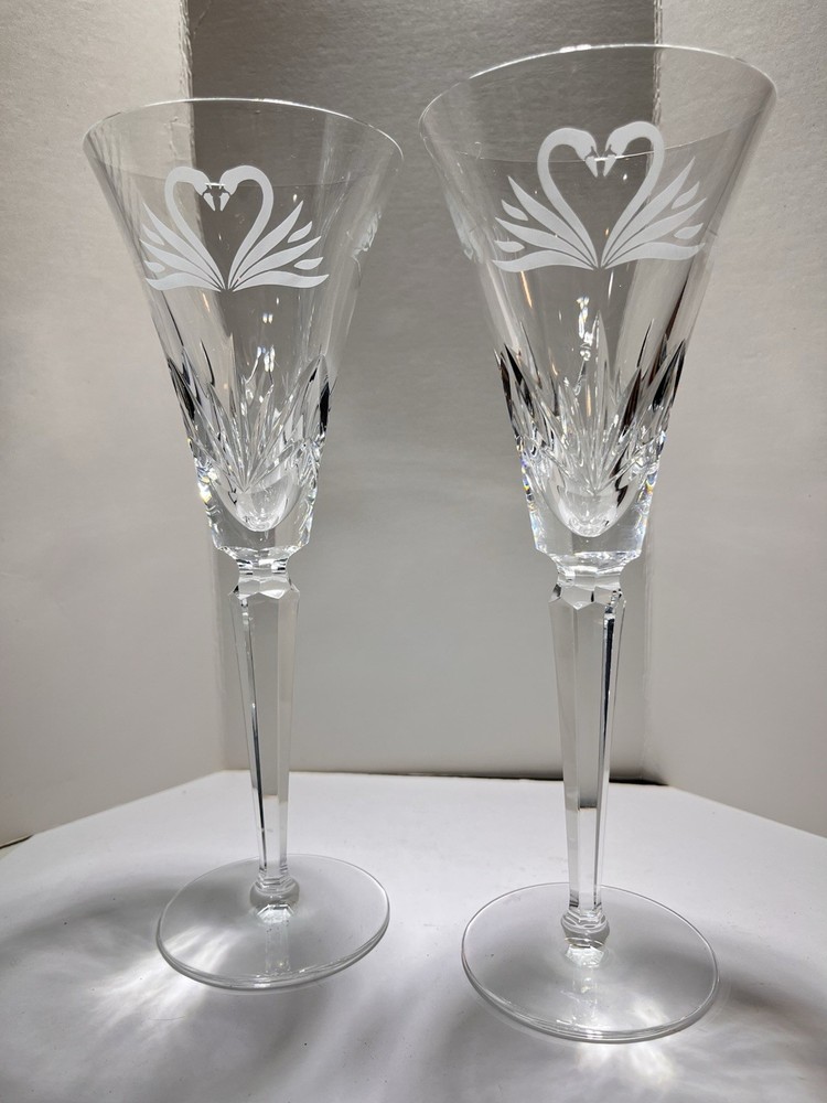 2 Waterford Crystal Wedding Collection Swan Champagne Toasting Flutes 9.25″