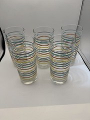 5 MCM Striped Drinking Glasses Hazel Atlas Pastel Colors Blue Pink Green Yellow
