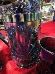 Wright Amethyst Carnival Glass Water Set. In God We Trust And God Bless Our Home