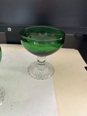 3 VINTAGE HOCKING GREEN CLEAR STEM BUBBLE FOOT CHAMPAGNE SHERBERT GOBLET GLASS