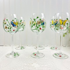 Lenox Set of 6 Butterfly Meadow Collection Clear Glass Wine Goblets Handpainted