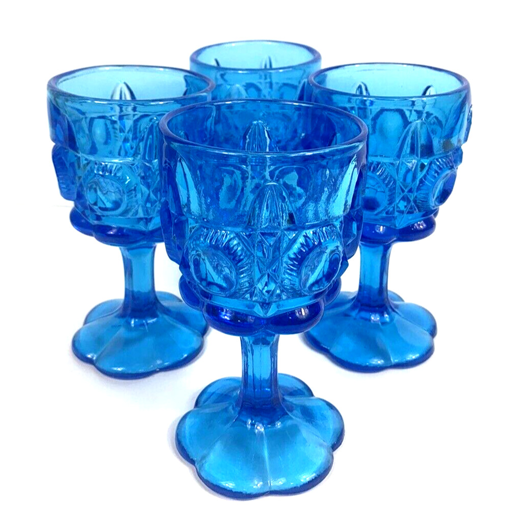 4 Vtg Kanawha Blue Bulls Eye & Daisy Water Wine Glass Goblet Cottage Whimsical