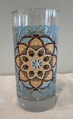Libbey Crisa Retro 6″ Glass Tumbler Floral Turquoise/Orange Mandala Pop Art