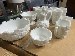 14 Westmoreland White Milk Glass Drinkware & Serving Lot: Mug, Bowls, Pitcher
