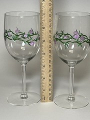 Handpainted Rose Vine Wine Glasses Set of 2 Pink Flowers on Vine