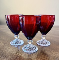 3 Vintage Anchor Hocking Ruby Red Bubble Foot Juice Wine Glasses 4-1/8″ X 2-1/2”
