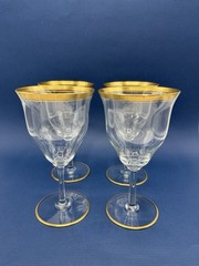 VTG CAMBRIDGE Wedding Band Clear w/Gold Trim Wine/Water Glasses Set of 4 /rw