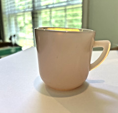 VINTAGE PINK MILK GLASS CUP GOES TO OPALESCENT AT RIM MADE IN USA