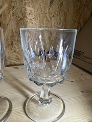 3 Vintage Clear Cut Glass Dessert Wine Goblet Hexagon/Panel Stem Glass 5 3/8”