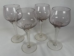 4 Vintage Bohemia Czech Amethyst & Clear Glasses Swirl Stem Star Goblet Cordial