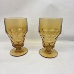 2 Vintage Indiana Honeycomb Gold Amber Tall Footed Water Glass-5.5″ Tall
