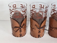 4 Vintage Libbey BAMCO MCM Western Branding Decal Glasses w/Leather Holder 5.5”