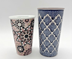 Him & Her Ceramic Coffee Tumbler Cups Lot of 2 NO LIDS Pink White Blue -EUC