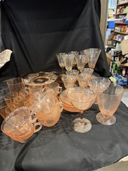 Vintage Pink & Clear Depression Glass Mixed Drinkware Set Lot w/ Serving Pieces