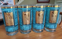 4 MID CENTURY GLASSES Turquoise AQUA GOLD FLAMENCO DANCER CAST Highball Tumblers