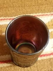 FINE SCARCE DUGAN FLORAL & GRAPE AMETHYST COLOR CARNIVAL GLASS 4″ TUMBLER