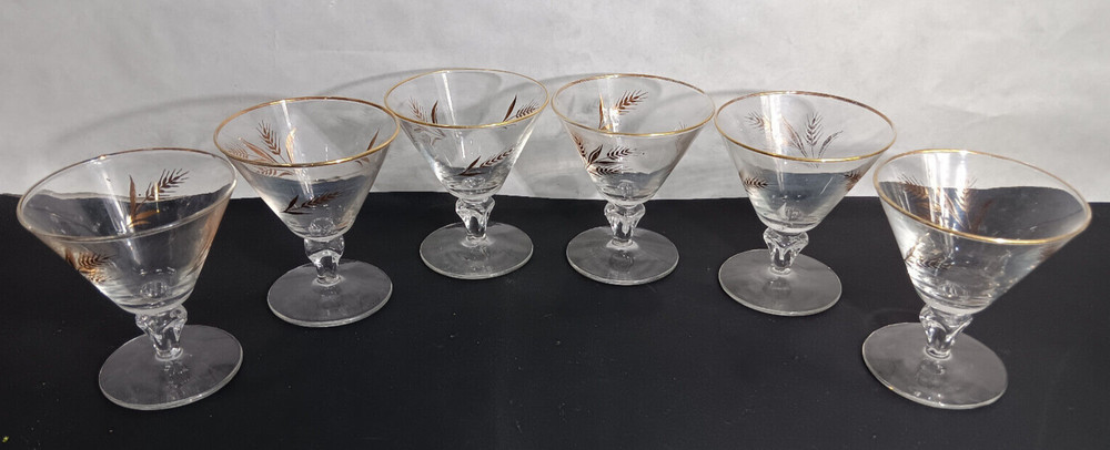 Vintage Libbey Gold Wheat Wine Cocktail Crystal Drinking Glasses Set of 6