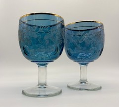 2 Vintage Bartlett Collins Vining Blue Glass Goblets Thumb Print Gold Trim