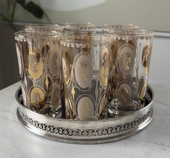 6 MCM HIGHBALL COCTAIL GLASSES GOLD COURTESAN FEMALE PORTRAITS & FORMICA TRAY.