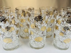 VTG MCM Floral Drinking Glasses Set of 7 Gold Rose White Leaves Tumblers 5.5″