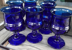 Set 7 Imperial by Tiara Glass Cobalt Blue Kings Crown Thumbprint Water Goblets