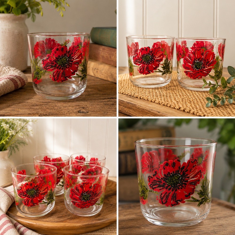 Vintage Libbey Red Poppy Flower Glasses 4.5″ Cups Set of 4 Raised Floral Poppies