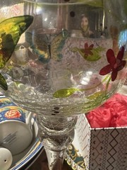 Hand Painted Butterfly Floral Clear Glass Goblet Green Rim 17 oz China
