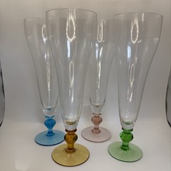 4 Mimosa Crystal Glasses Clear Pink Green Blue Amber Bases Vtg Tall Pilsner Bar