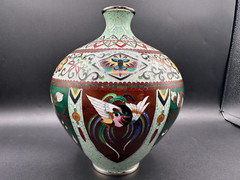RARE Stunning Contemporary Asian Porcelain Vase w/Silver Rim Brown Multi Colored