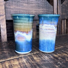 Stoneware Pottery Studio Art Tumbler Mug Set Or Bud Vase X2 Blue Drip Glaze