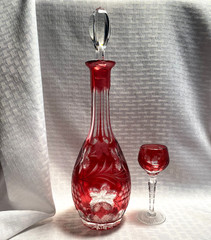 CAESAR BOHEMIAE DECANTER/CORDIAL CRANBERRY PINK CUT TO CLEAR CRYSTAL BOHEMIAN