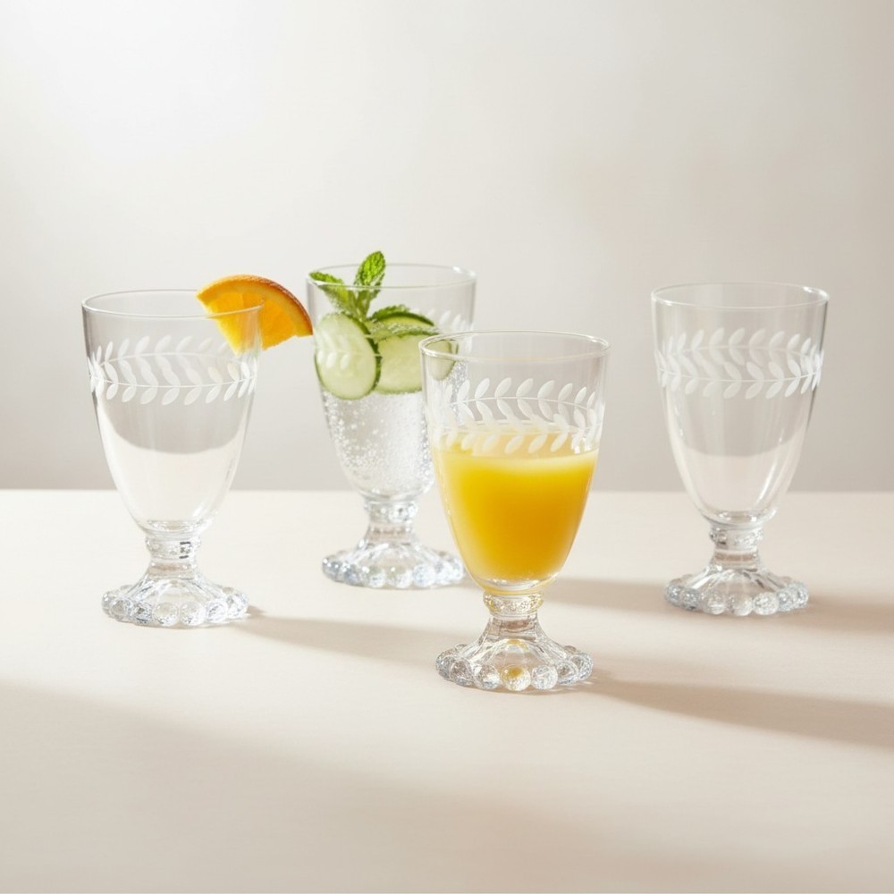 Anchor Hocking Laurel Gray Cut Boopie Footed Juice Glasses Set of 4 Vintage