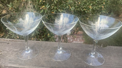 Vintage Etched Wheat Pattern Clear Glass MCM Crystal Champagne Glasses Set of 3