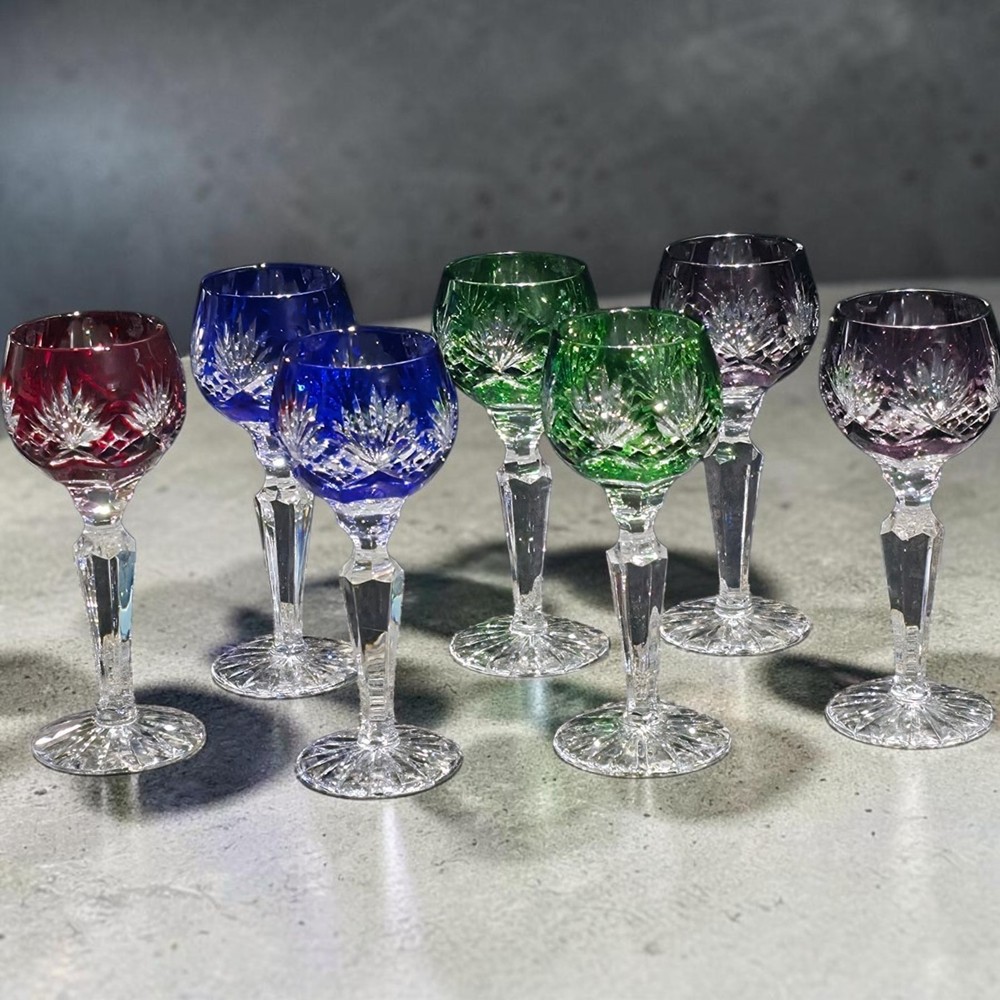 Set of 7 Vintage Nachtmann Cut to Clear Crystal 5″ Cordial Glasses Multi-Color