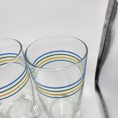 Set Of 4 – Vintage 6″ Striped Tumblers Glasses Blue Green Yellow Teal Stripes