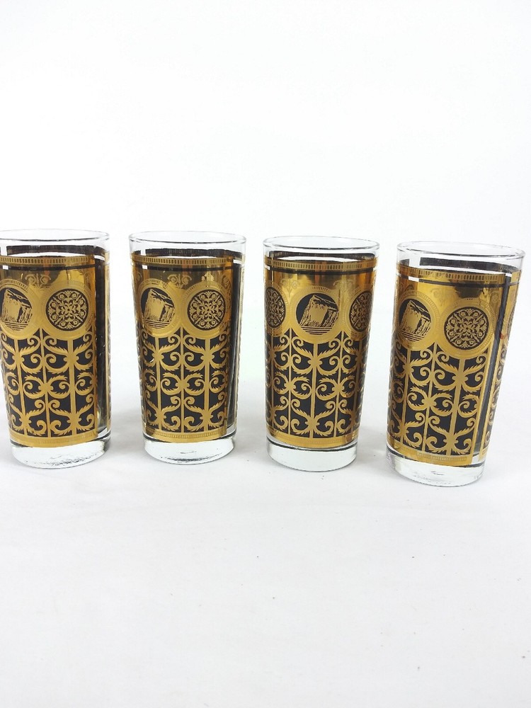 4 MCM Libbey Prudential Rock Of Gibralter 24K Gold & Black Highball Glasses 12oz