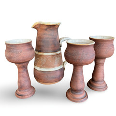 VTG 70s Studio Pottery Wine Pitcher Goblets Wood Caddy Set 5pc Grape Brutalist