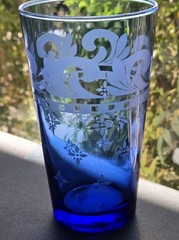 RARE Libbey Fleur de Lis Scrolls Frosted Etched Design Cobalt Blue Glass Tumbler