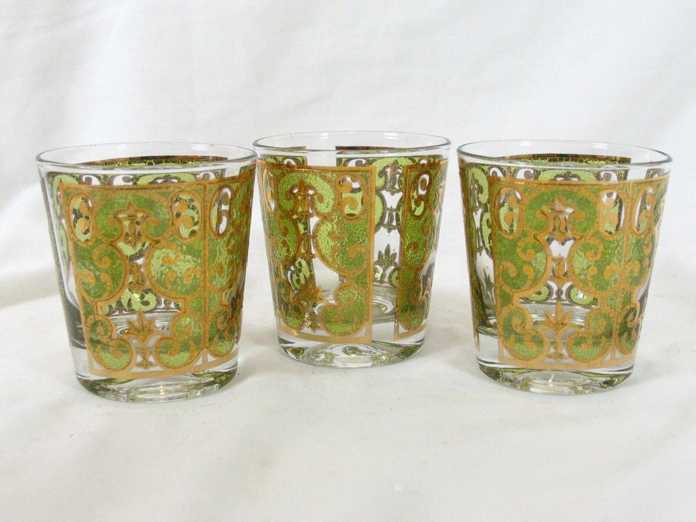 Culver 3 Lowball Rocks Whiskey Glasses Green Hollywood Regency 22k Gold