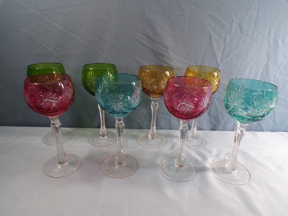 8 Bohemian Cut-to-Clear Crystal Wine Hocks Goblets Green Blue Cranberry Amber