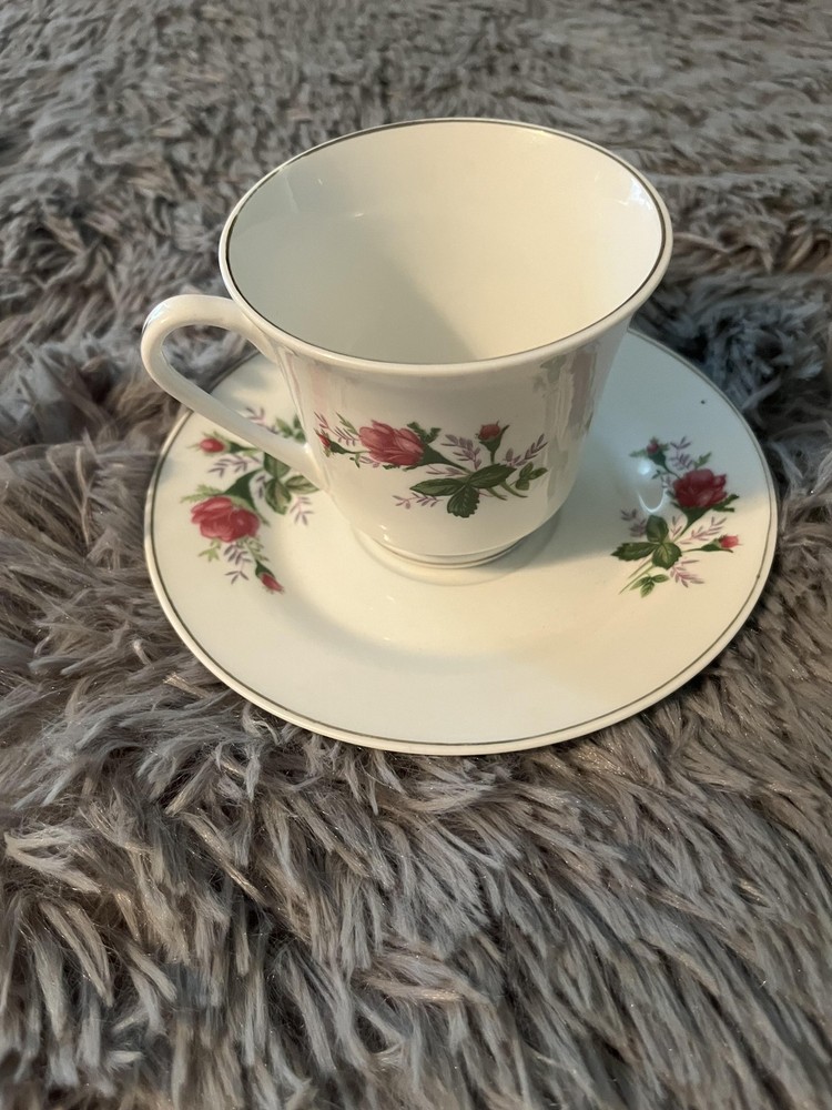 Rose Floral Tea Cup Saucer Set Porcelain Gold Rim Pink Flower Trim Tea Party Dec