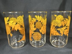 Vintage Set 3 Libbey Glass Tumbler Yellow/Orange Dandelion Design 5.5″x2.75
