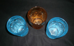 EAPG Paden City Etta Pattern Glass Tumbler Glasses 2 Blue 1 Amber Circa 1918
