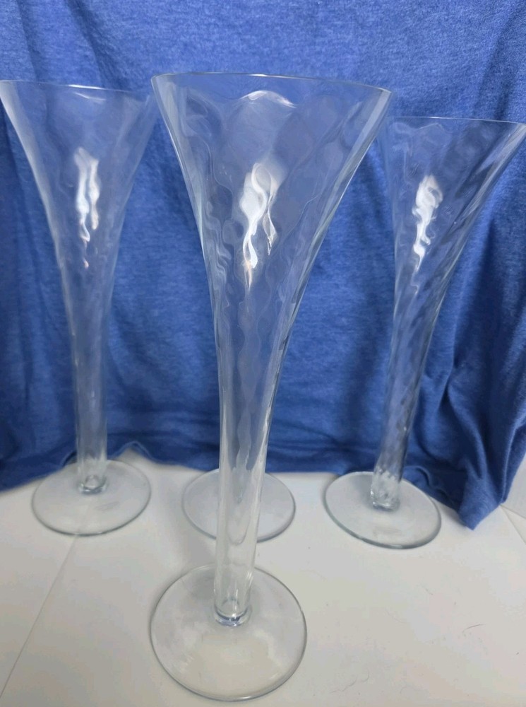 Mouth-Blown Romania Optic Swirl Hollow Stem Trumpet Champagne Flutes Set of 4…