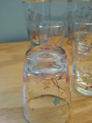 7-Mid Century Retro Pink Turquoise Gold Floral Barware 2 Tall & 5 Short, Rare