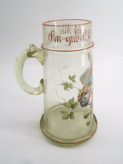 BEAUTIFUL GLASS ENAMELED BEER STEIN MUG WITH FIGURE 19TH CENTURY