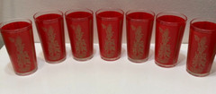 Vintage Federal Glass Tumblers SET OF 7 Asian Goddess Dancers Red Tan 5″ T