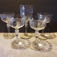 Libbey Rock Sharp Etched Crystal Wine and Champagne Coupes Wheel Cut Lot of 4