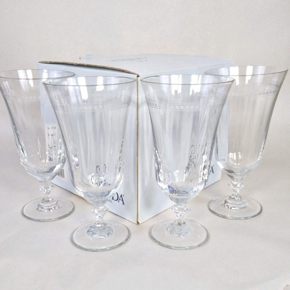 Vtg Oneida Crystal Mignon Iced Tea Glasses Clear Footed White Dot Border Set 4
